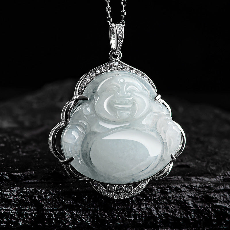 Buddha Stones Laughing Buddha Natural Jade Abundance Titanium Steel Chain Necklace Pendant - image 4