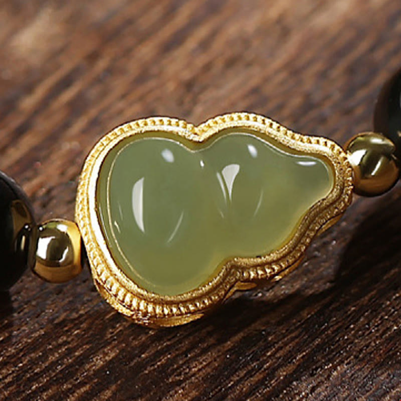 Buddha Stones Natural Black Obsidian Hetian Jade Gourd Double Happiness Strength Bracelet - image 9