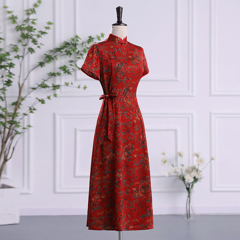 Buddha Stones Vintage Auspicious Clouds Leaf Print Cheongsam Dress Women's Qipao Dress - image 1