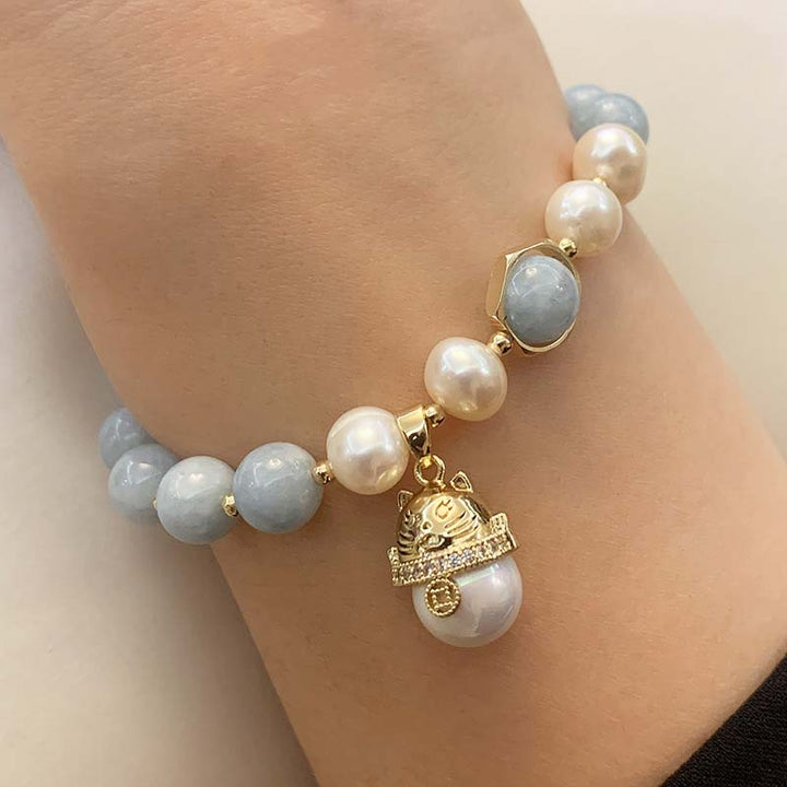 Buddha Stones Aquamarine Pearl Peace Healing Lucky Cat Charm Bracelet - image 2