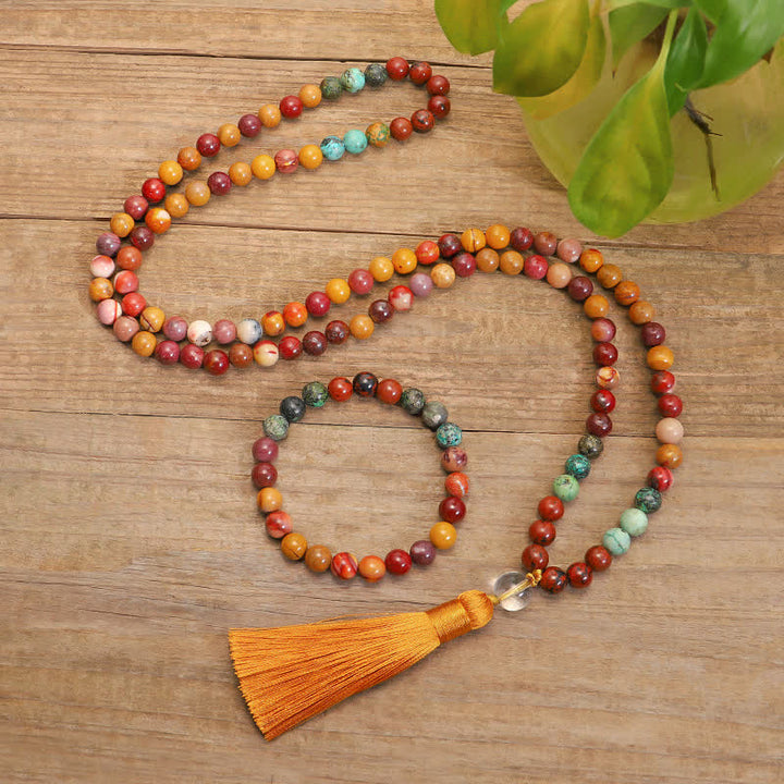 Buddha Stones 108 Mala Beads Mookaite Emotional Growth Bracelet Tassel Necklace Pendant - image 0