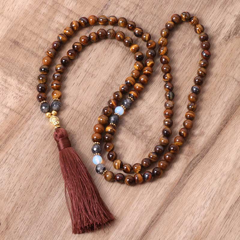 Buddha Stones Tibetan Tiger Eye Buddha Strength Power Beaded Tassel Pendant Necklace - Tiger Eye - image 0