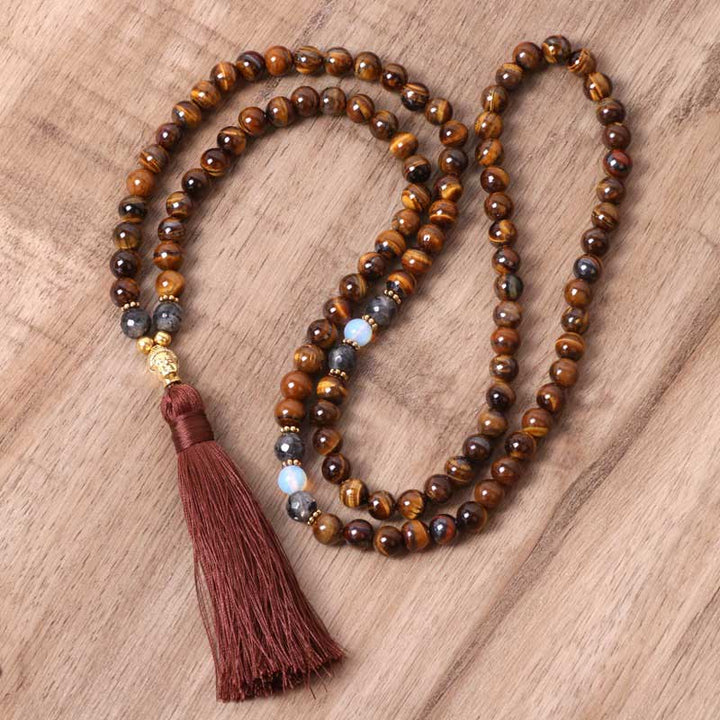 Buddha Stones Tibetan Tiger Eye Buddha Strength Power Beaded Tassel Pendant Necklace - Tiger Eye - image 0