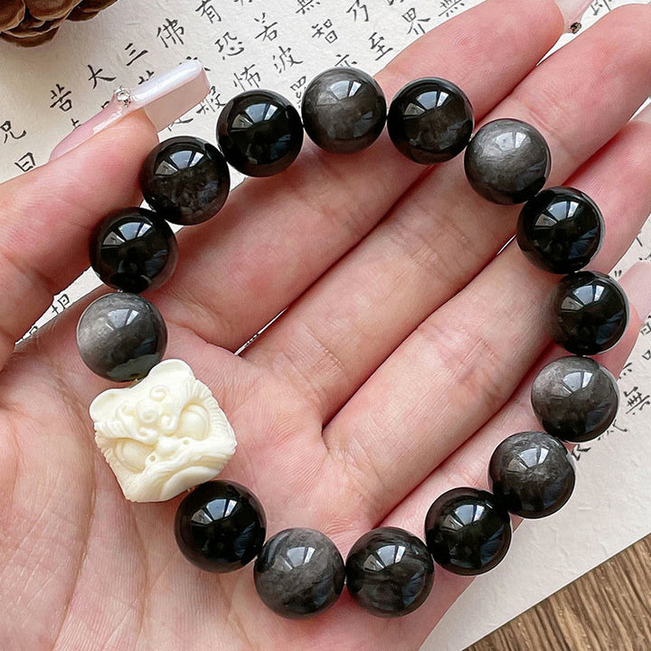 Buddha Stones Silver Sheen Obsidian Bodhi Seed Ivory Fruit Dancing Lion Protection Bracelet - image 5