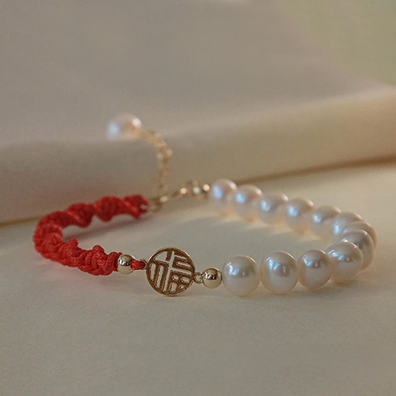 Buddha Stones 14K Gold Plated Pearl Bead Luck Protection Braid Red String Bracelet - Premium 14K Gold Plated - Fu Auspicious Character(Bracelet Size 15.5+3cm) - image 13