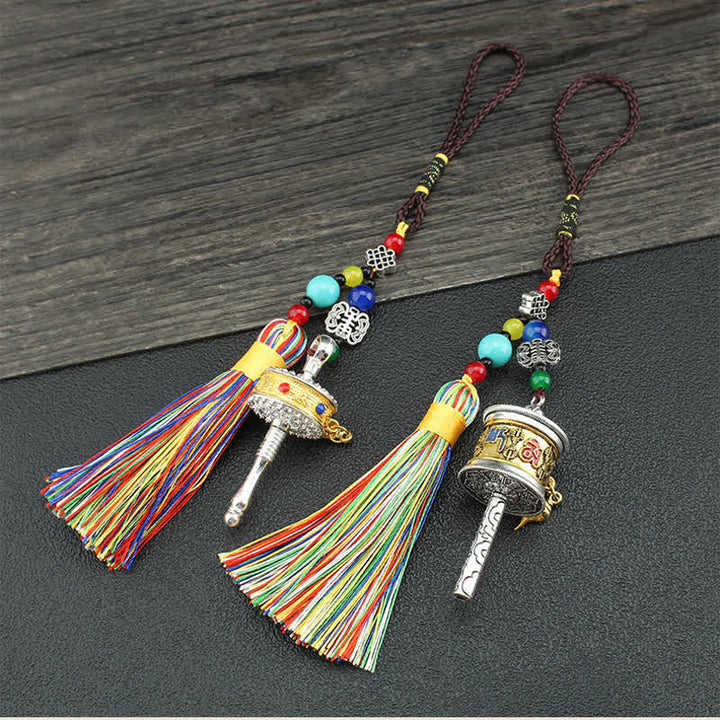 Tibet Om Mani Padme Hum Prayer Wheel Tassel Bag Car Hanging Decoration - image 0