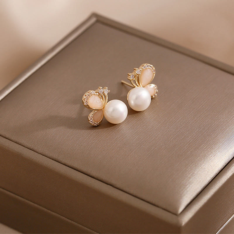 Buddha Stones 18k Gold Plated Pearl Butterfly Love Freedom Stud Earrings - image 6