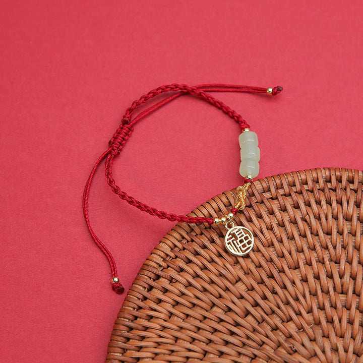 Buddha Stones Handcrafted Jade Bead Fu Character Charm Luck Red Rope Bracelet - image 1