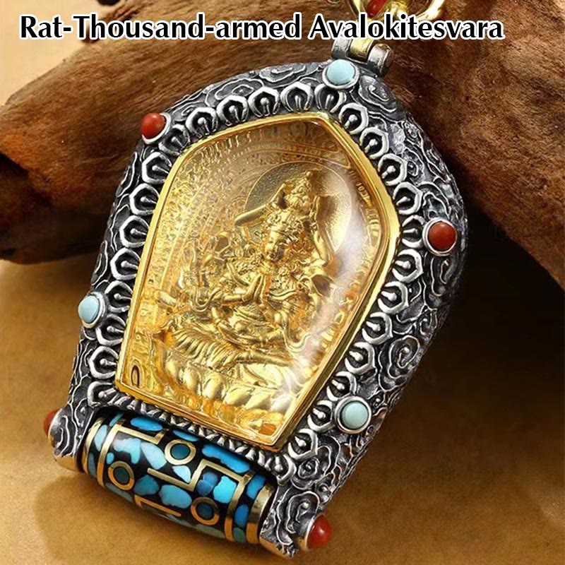 Buddha Stones Tibet Chinese Zodiac Natal Buddha Thangka Prosperity Rotatable Dzi Bead Necklace Pendant - Rat-Thousand-armed Avalokitesvara - image 1