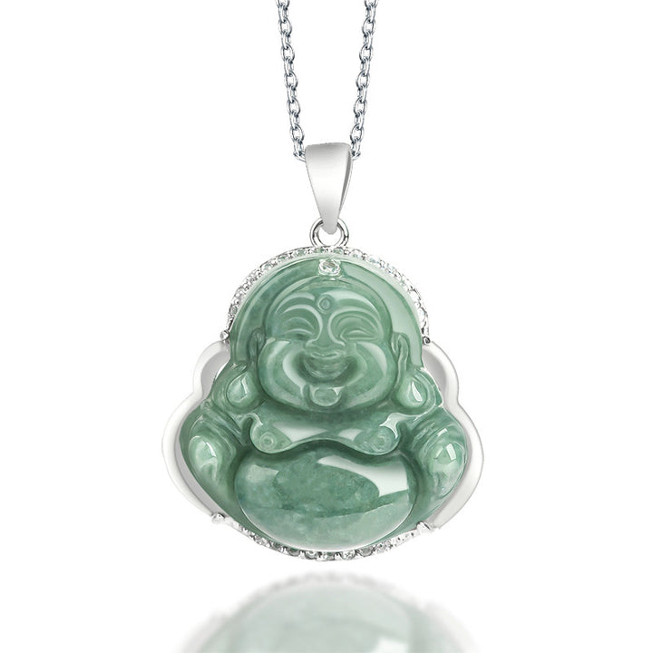 Buddha Stones Laughing Buddha Jade Abundance Necklace Titanium Steel Chain Pendant - Jade (Prosperity ♥ Abundance) - image 0