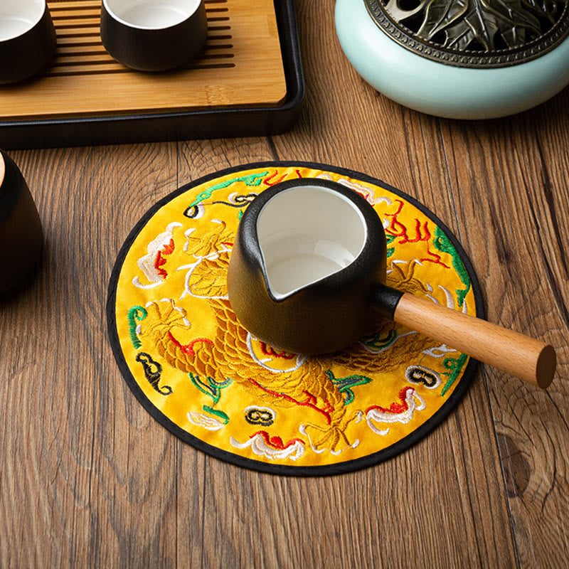 Buddha Stones Dragon Embroidery Cup Mat Pad Tea Cup Coaster Kung Fu Tea Mat - Yellow Dragon - image 0