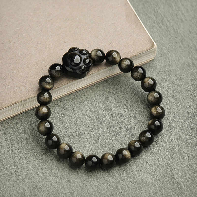 Buddha Stones Gold Sheen Obsidian Silver Sheen Obsidian Lovely Paw Lucky Cat Protection Bracelet - Gold Sheen Obsidian - Cat Claw - 8mm - image 24