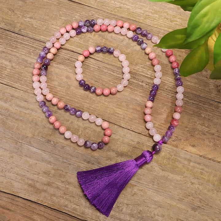 Buddha Stones 108 Mala Beads Amethyst Rose Quartz Spiritual Healing Tassel Bracelet - image 2