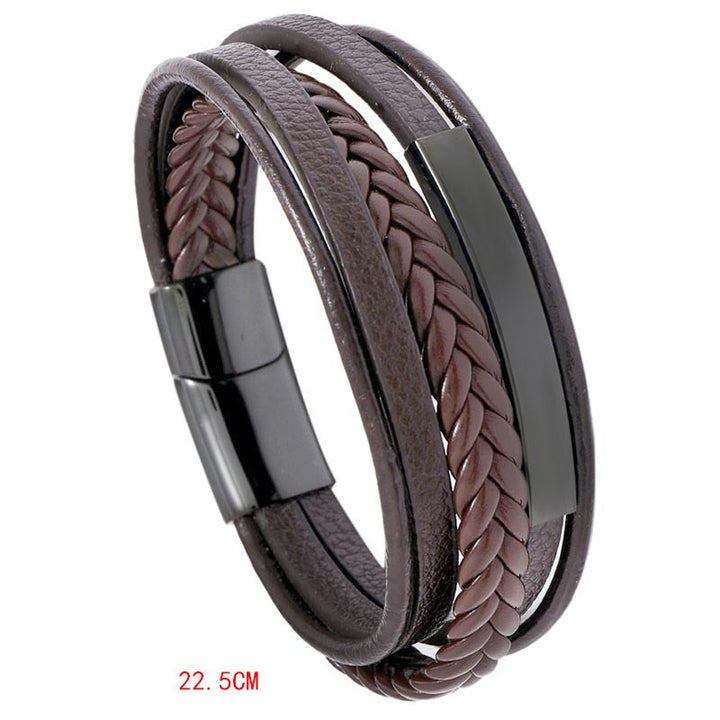 Buddha Stones Simple Design Titanium Steel Leather Luck Bracelet - Black - 22.5cm - image 8