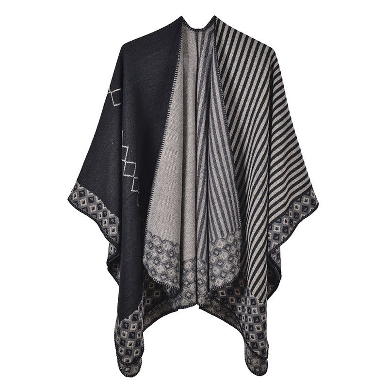 Buddha Stones Tibetan Shawl Striped Diamond Pattern Winter Warm Soft Scarf - Black Gray - image 20