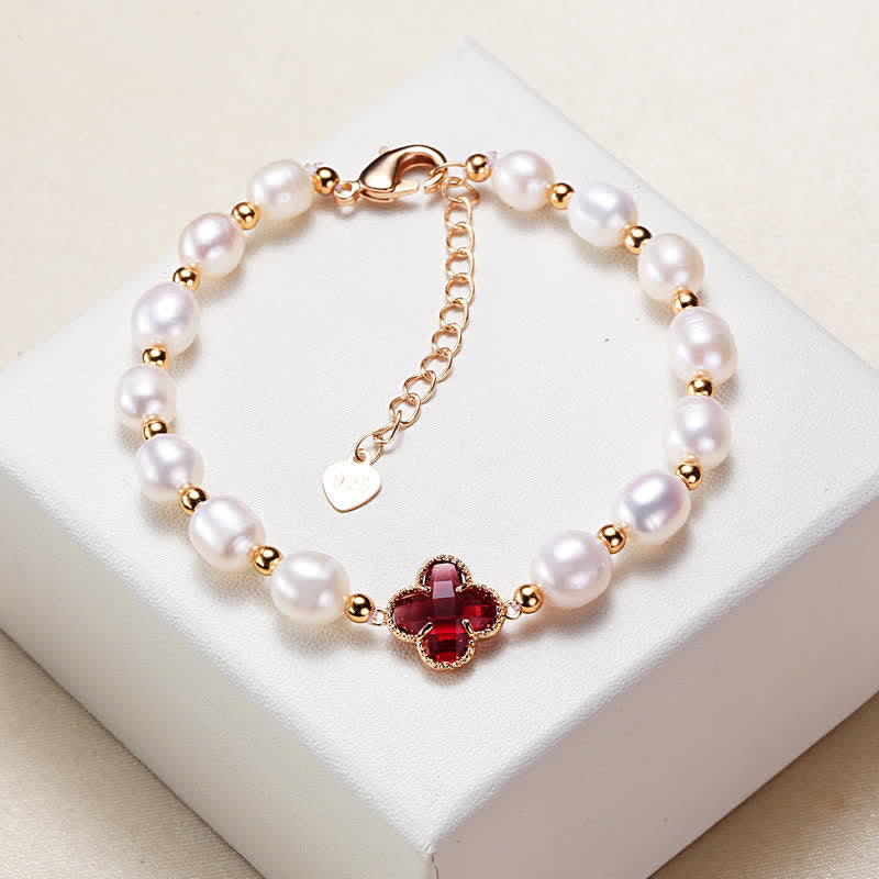 Buddha Stones Pearl Four Leaf Clover Wealth Chain Bracelet - image 0