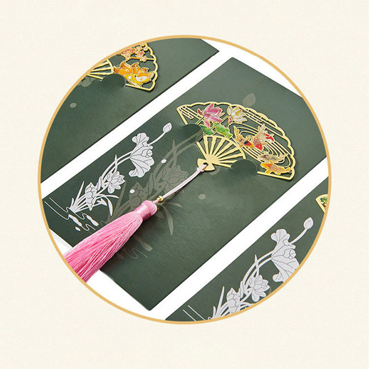 Buddha Stones Traditional Butterfly Lotus Flower Crane Dragon Phoenix Fox Koi Fish New Beginning Metal Brass Hollow Fan Bookmarks - image 18