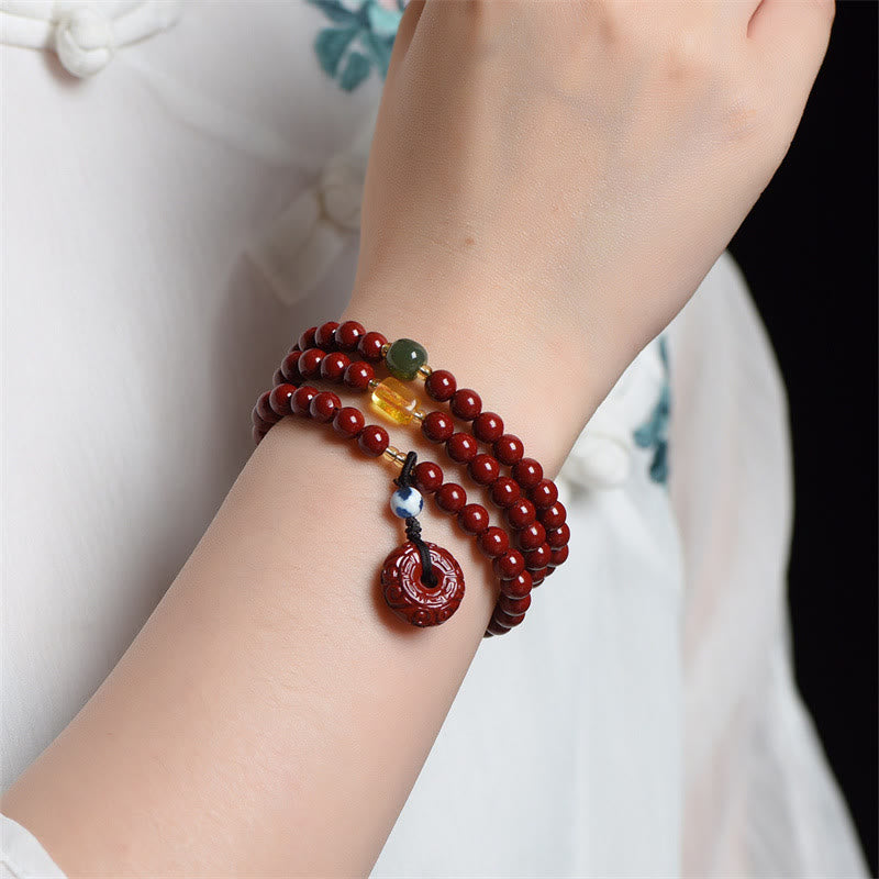 Buddha Stones Tibetan Cinnabar Peace Buckle Triple Wrap Blessing Bracelet Mala - image 2