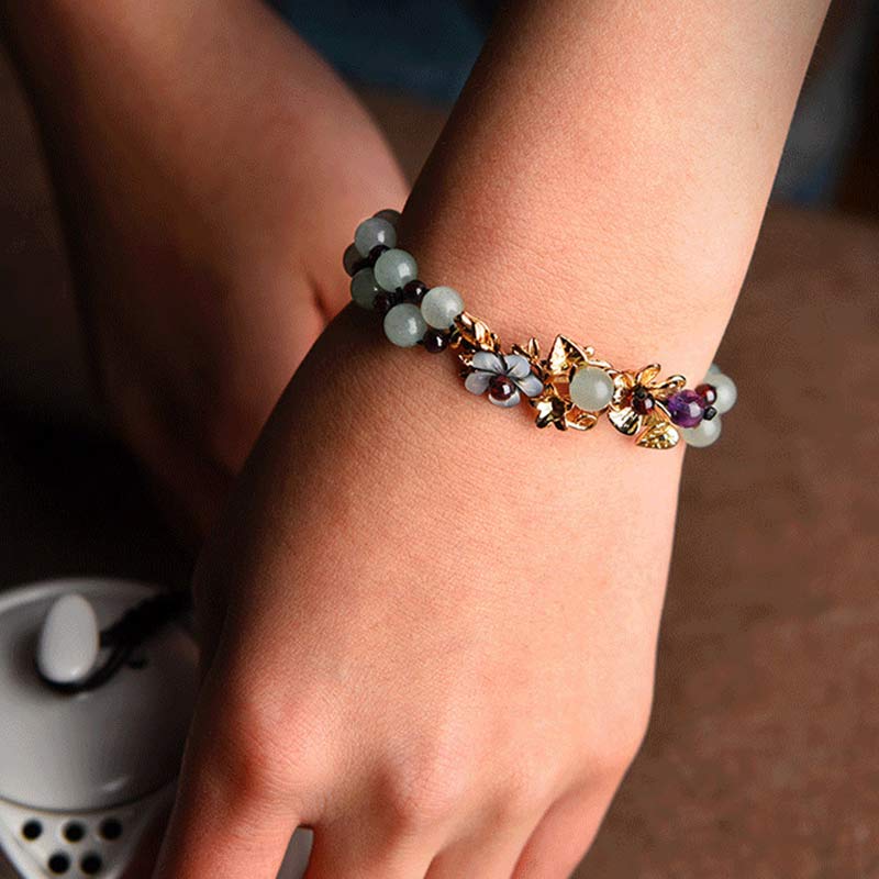 Buddha Stones Green Aventurine Garnet Bead Flower Petal Luck Bracelet - image 5