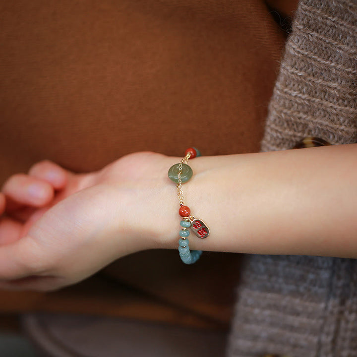 Buddha Stones Natural Hetian Jade Red Agate Peace Buckle Lucky Fortune Bracelet - image 5