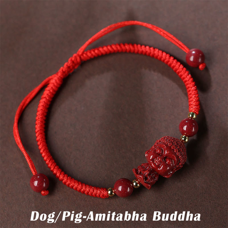 Buddha Stones Chinese Zodiac Natal Buddha Cinnabar Amulet Blessing String Bracelet - Dog/Pig-Amitabha Buddha(Wrist Circumference 16-19cm) - image 12