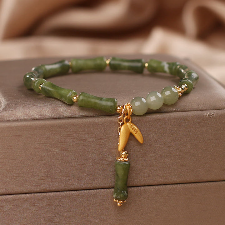 Buddha Stones Green Bamboo Jade Leaf Pattern Wealth Luck Bracelet - image 4