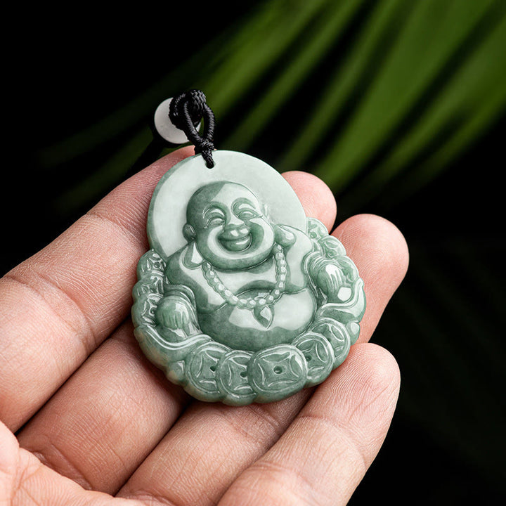 Buddha Stones Laughing Buddha Natural Jade Copper Coin Abundance Necklace Pendant - image 2