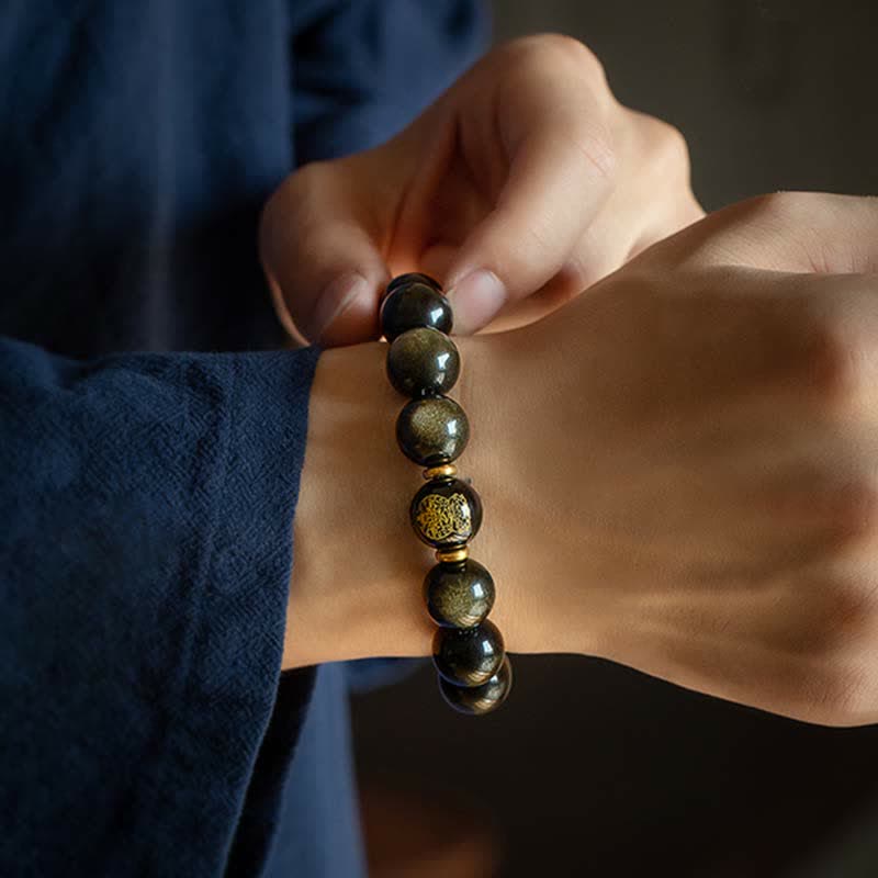 Buddha Stones Chinese Zodiac Natal Buddha Gold Sheen Obsidian Wealth Protection Bracelet - image 2