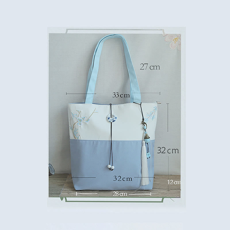 Buddha Stones Pear Flower Plum Peach Blossom Bamboo Embroidery Canvas Large Capacity Shoulder Bag Tote Bag - image 28