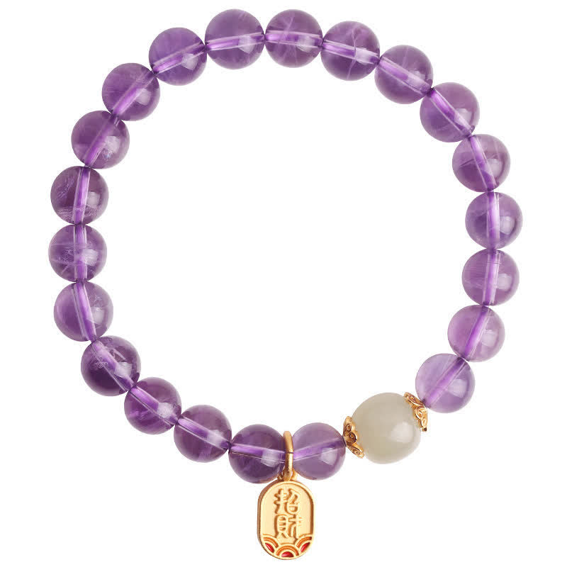 Buddha Stones Natural Amethyst Crystal Hetian Jade Healing Charm Bracelet - image 14