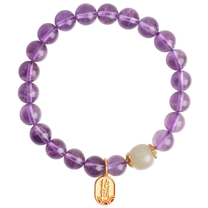 Buddha Stones Natural Amethyst Crystal Hetian Jade Healing Charm Bracelet - image 14