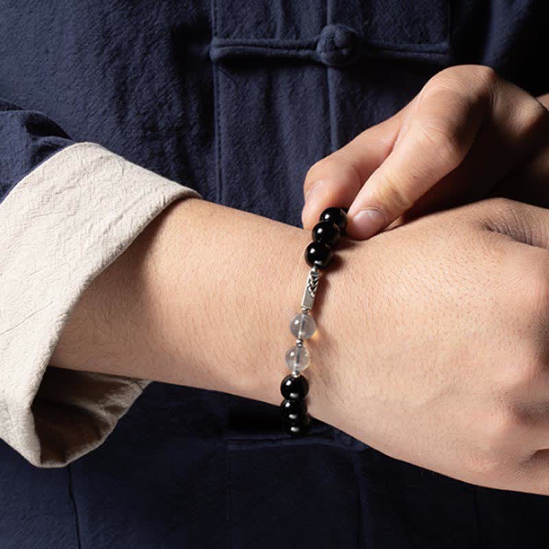 Buddha Stones 925 Sterling Silver Obsidian Moonstone Strength Couple Bracelet - image 8