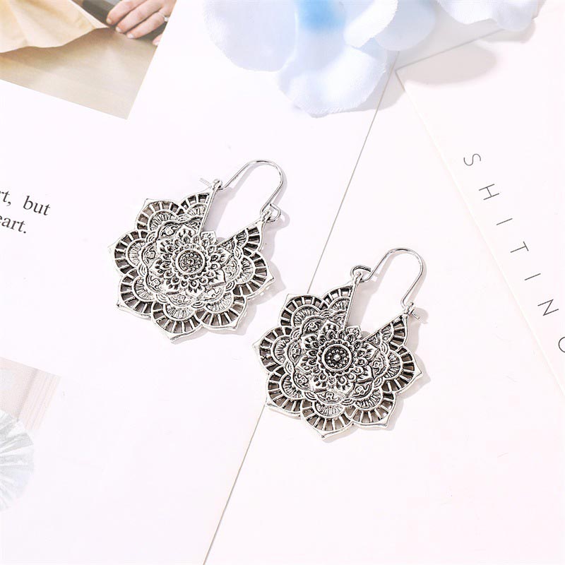 Buddha Stones Tibetan Lotus Engraving Copper Blessing Drop Earrings - image 6