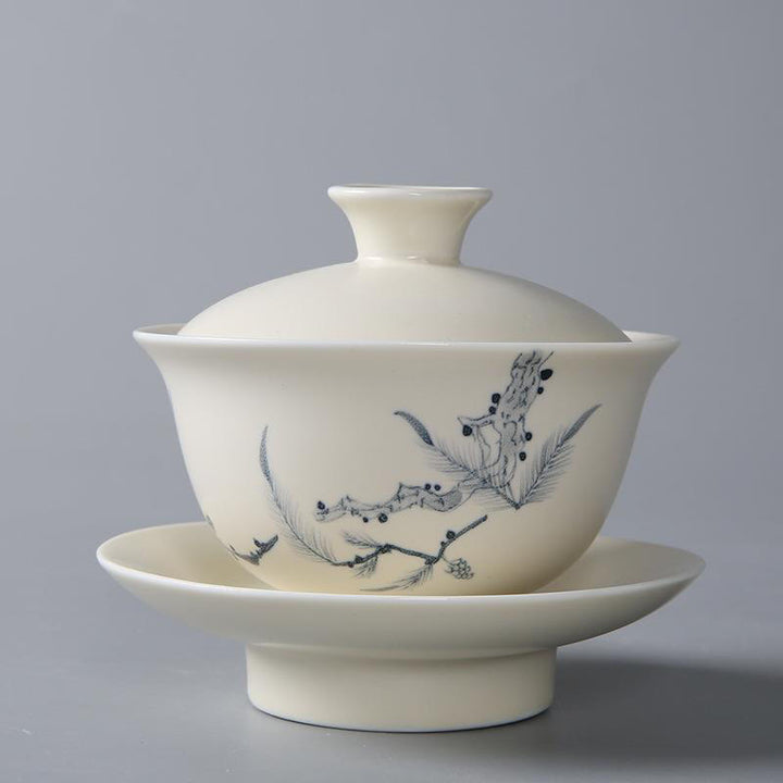 Buddha Stones Hand Painted Pomegranate Hibiscus Pine Lotus Ceramic Gaiwan Sancai Teacup Kung Fu Tea Cup And Saucer With Lid - 13*9cm*200ml - Pine - image 6