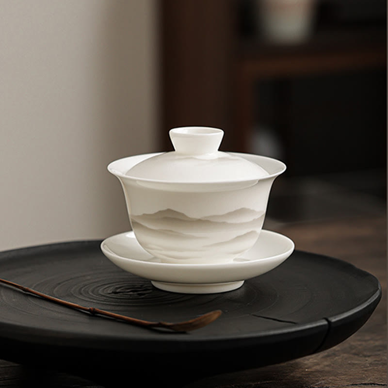 Buddha Stones Vintage Ink Painting Mountain White Porcelain Ceramic Gaiwan Sancai Teacup Kung Fu Tea Cup And Saucer With Lid Tea Utensil Teapot - image 8