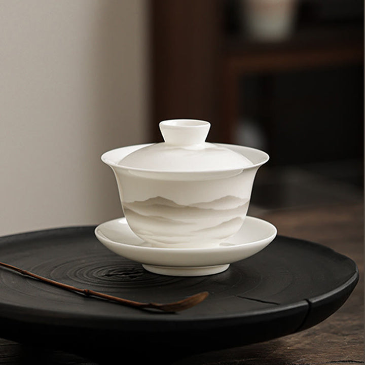 Buddha Stones Vintage Ink Painting Mountain White Porcelain Ceramic Gaiwan Sancai Teacup Kung Fu Tea Cup And Saucer With Lid Tea Utensil Teapot - image 8