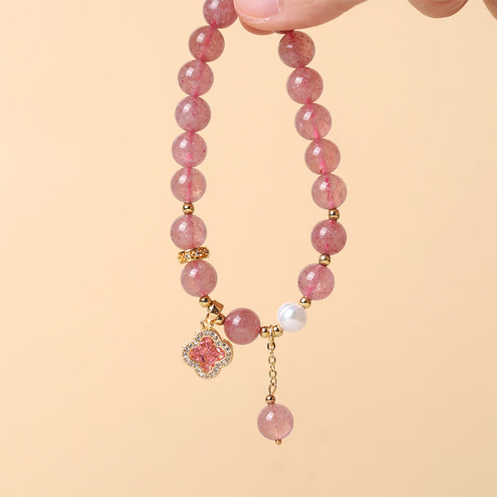 Buddha Stones Strawberry Quartz Pearl Four Leaf Clover Charm Healing Bracelet - image 6