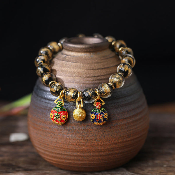 Buddha Stones Gold Swallowing Beast Family Charm Gold Silver Foil Liuli Glass Bead Blessings Bracelet - Black Gold - 10mm(18 Beads) - image 5