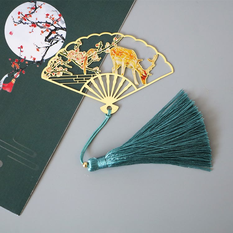 Buddha Stones Traditional Butterfly Lotus Flower Crane Dragon Phoenix Fox Koi Fish New Beginning Metal Brass Hollow Fan Bookmarks - Deer - image 12