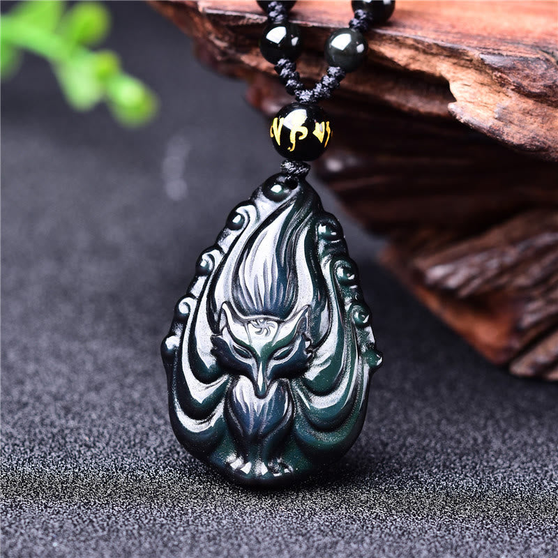 Buddha Stones Natural Rainbow Obsidian Nine Tailed Fox Inner Peace Necklace Beaded String Pendant - Rainbow Obsidian(Love♥Positive) - image 0