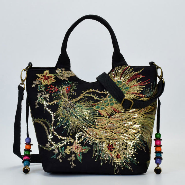Buddha Stones Peacock Double-sided Embroidery Tote Bag Shoulder Bag Crossbody Bag - Black Peacock - Shoulder Bag/Tote Bag - image 8
