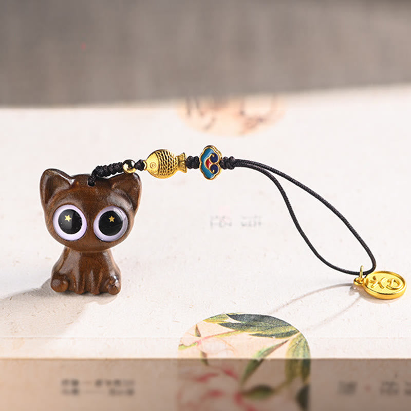 Buddha Stones Green Sandalwood Lucky Cat Koi Fish Cure Key Chain Phone Hanging Decoration - image 4