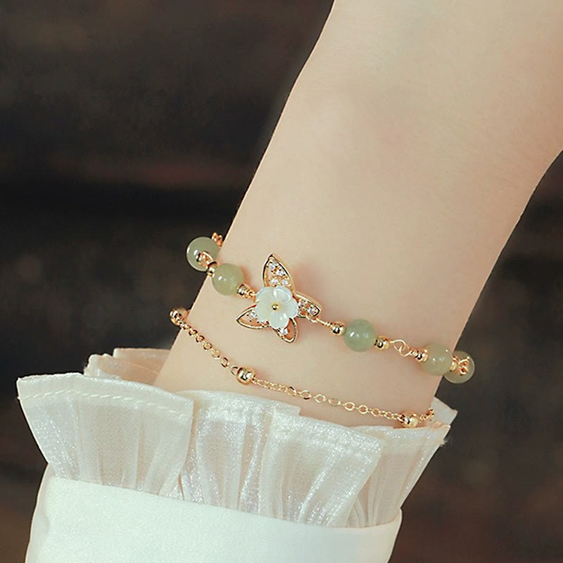 Buddha Stones 14K Gold Plated Jade Butterfly Tridacna Stone Flower Double Layer Luck Bracelet - image 4