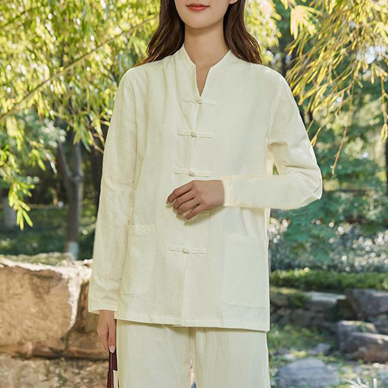 Buddha Stones Spiritual Zen Practice Yoga Meditation Prayer Uniform Cotton Linen Clothing Women's Set - Beige - US18，UK/AU22，EU50 (6XL) - image 13