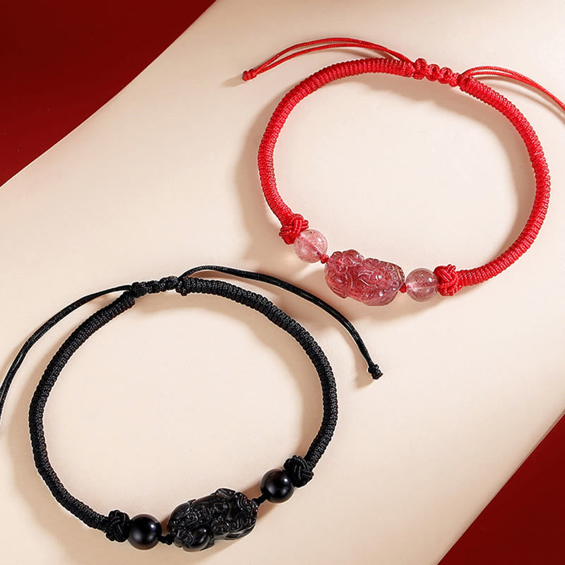 Buddha Stones Handmade Natural Silver Sheen Obsidian Strawberry Quartz PiXiu Protection Braided Bracelet - image 5