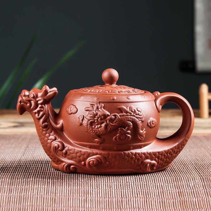 Buddha Stones Vintage Dragon Auspicious Clouds Purple Clay Ceramic Teapot - Red(400ml) - image 13
