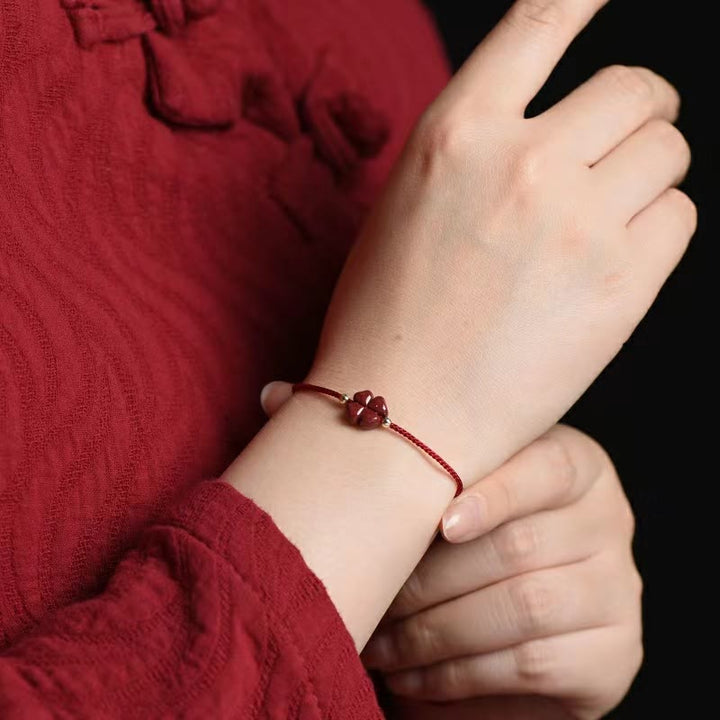 Buddha Stones Natural Cinnabar Four Leaf Clover Blessing Red String Bracelet Anklet - Dark Red - Bracelet(Wrist Circumference 15-17cm) - Without Golden Bead - image 1
