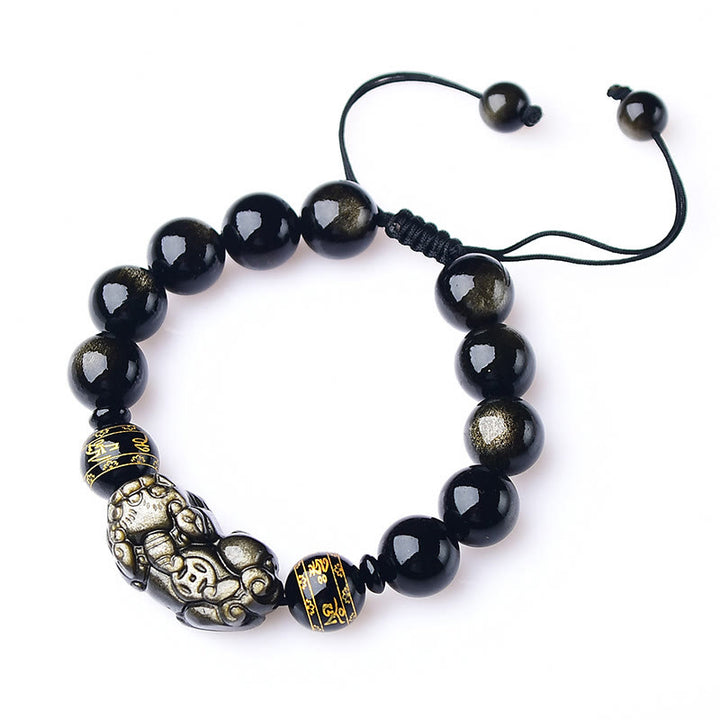 Buddha Stones Natural Gold Sheen Obsidian PiXiu Om Mani Padme Hum Wealth Braided Bracelet - image 9