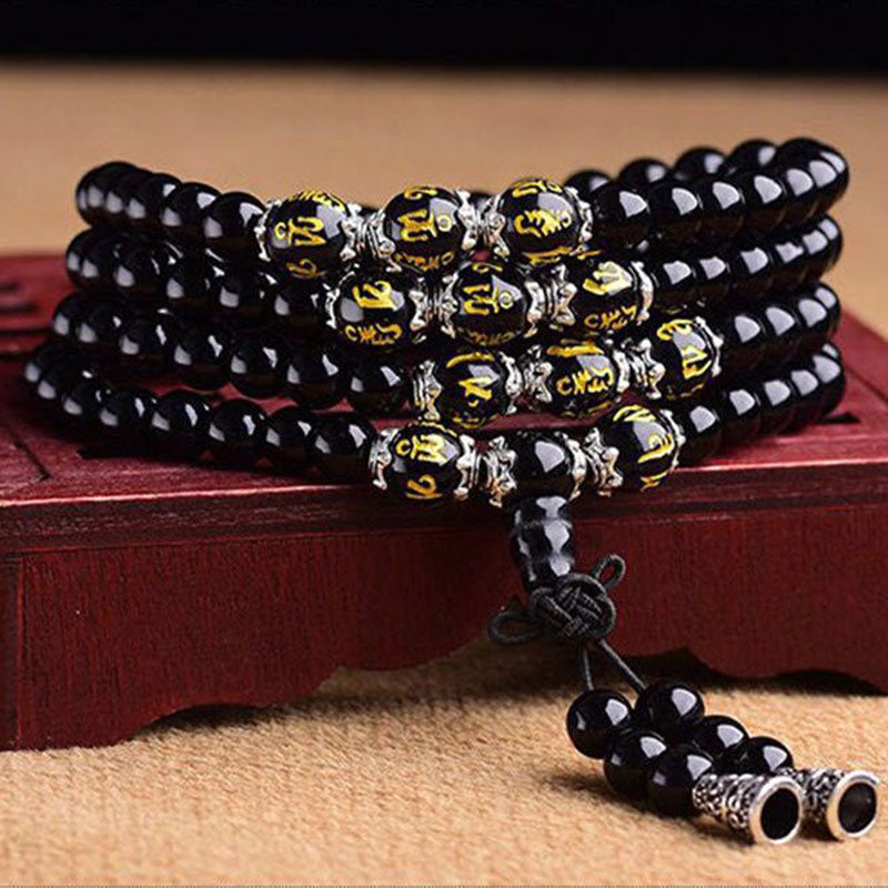 Buddha Stones Black Obsidian Six True Words Protection Mala Bracelet - image 1