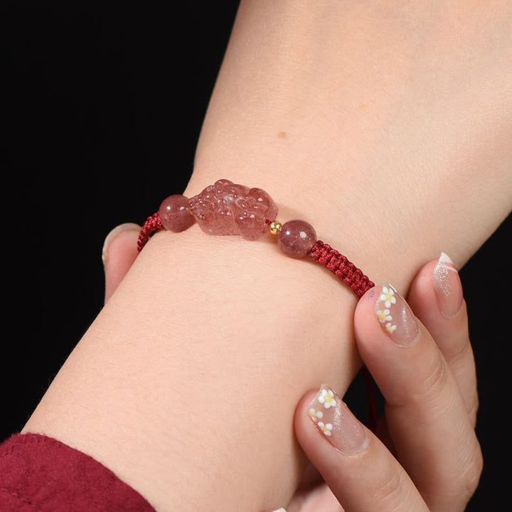 Buddha Stones Natural Strawberry Quartz PiXiu Lucky Red String Bracelet - image 7